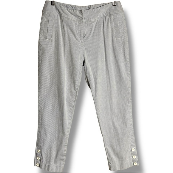 Rafaella Blue and White Pinstriped High Rise Cropped Capri Trousers with Buttons - Picture 3 of 16